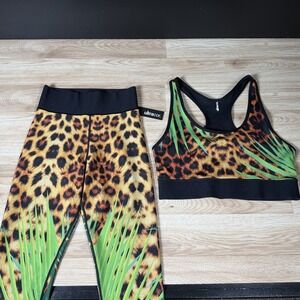 Ultracor Womens XS Leggings Large Bra Top Outfit Set Brown Green Leopard Palm